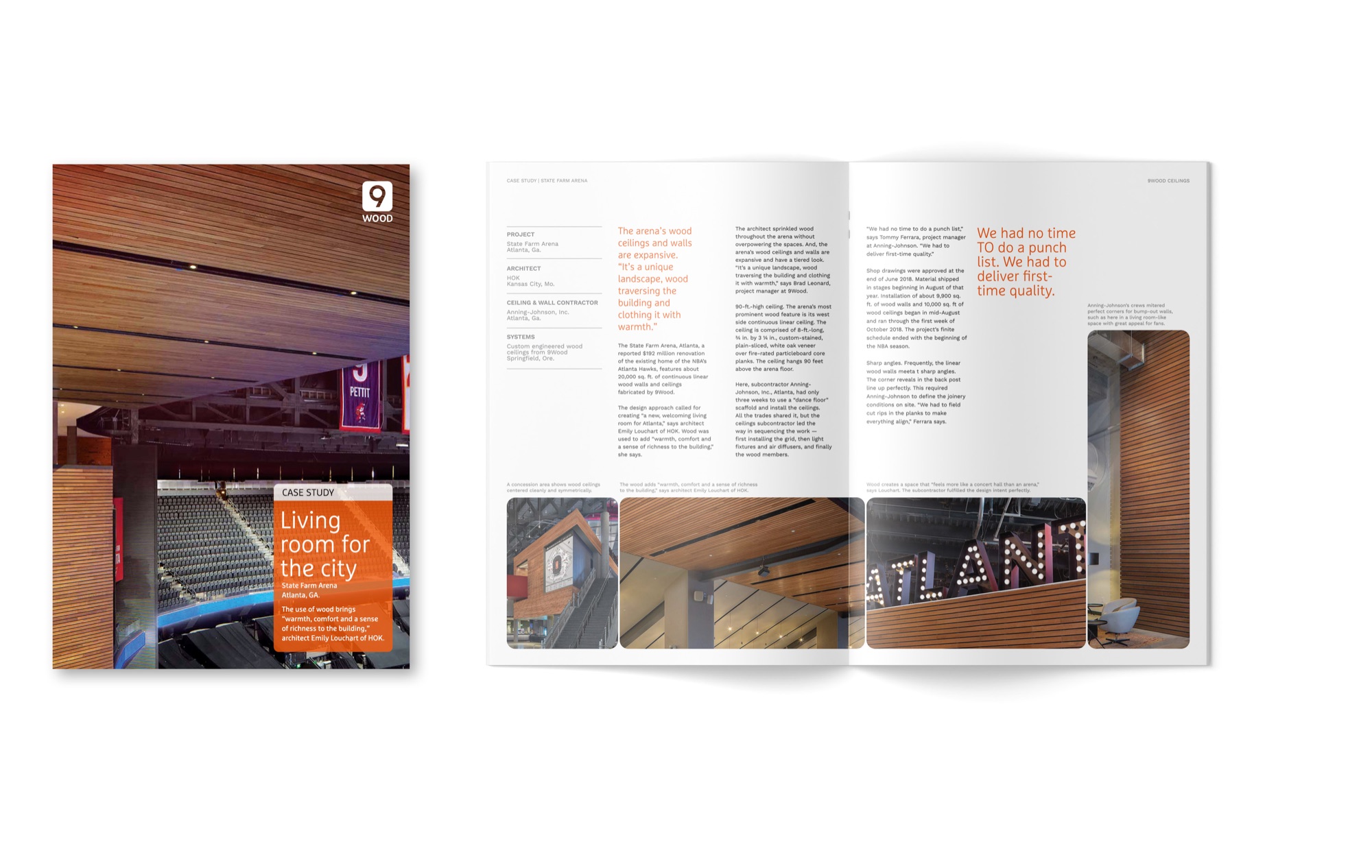 State Farm Arena case study brochure: cover reading Living room for the city with the arena wood ceiling, and an inside spread with project credits for HOK and Anning-Johnson and the pull quote We had no time to do a punch list