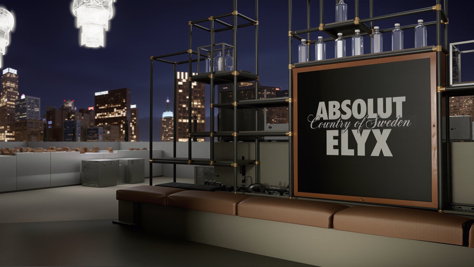 The Absolut Elyx panel in white on black, framed in timber and flanked by a steel rack of clear bottles, with the lit city skyline behind
