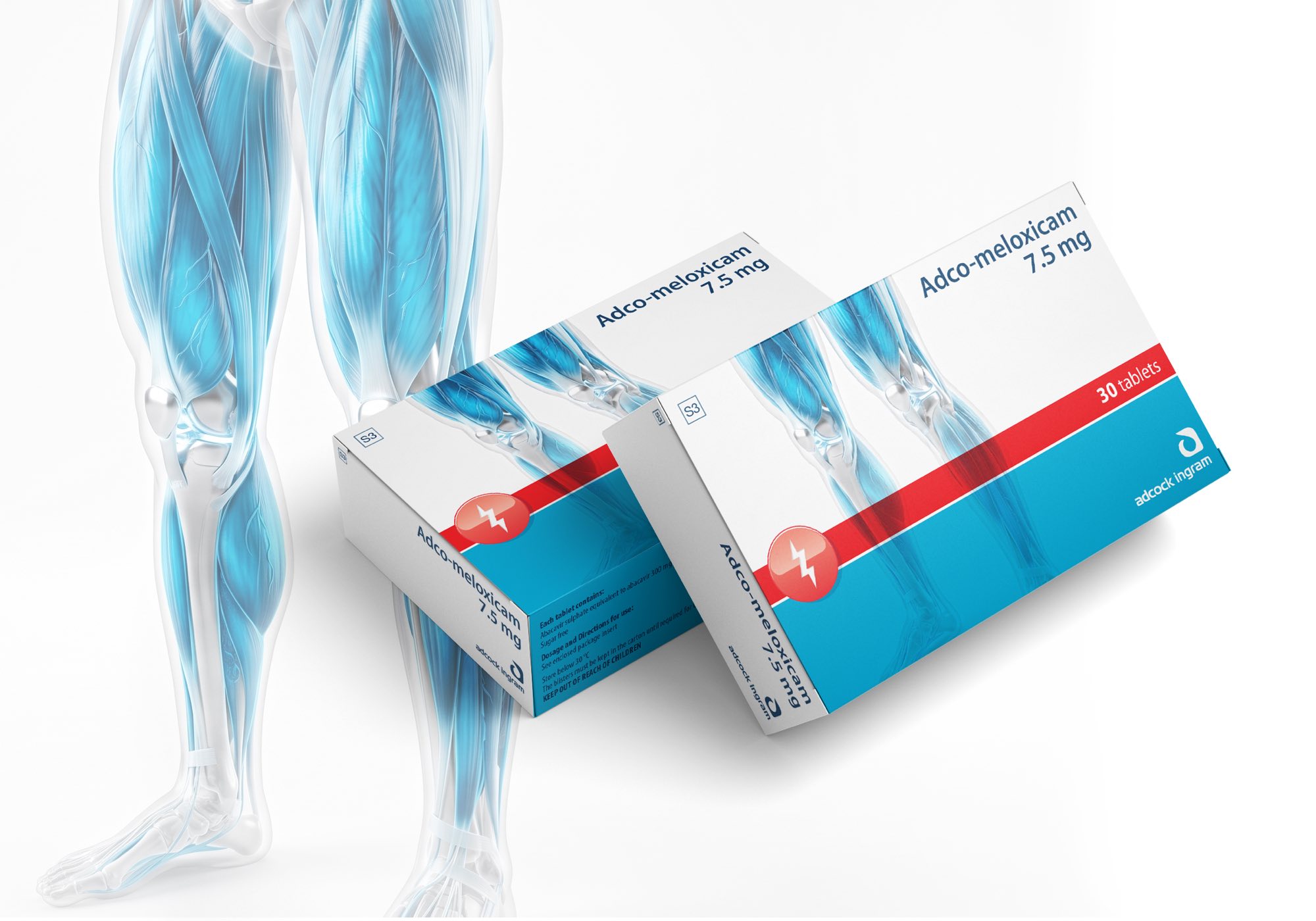 Two Adco-meloxicam 7.5 mg cartons in white, red and cyan, the pack front carrying the same cyan leg illustration, standing against a translucent grey figure whose leg muscles glow cyan