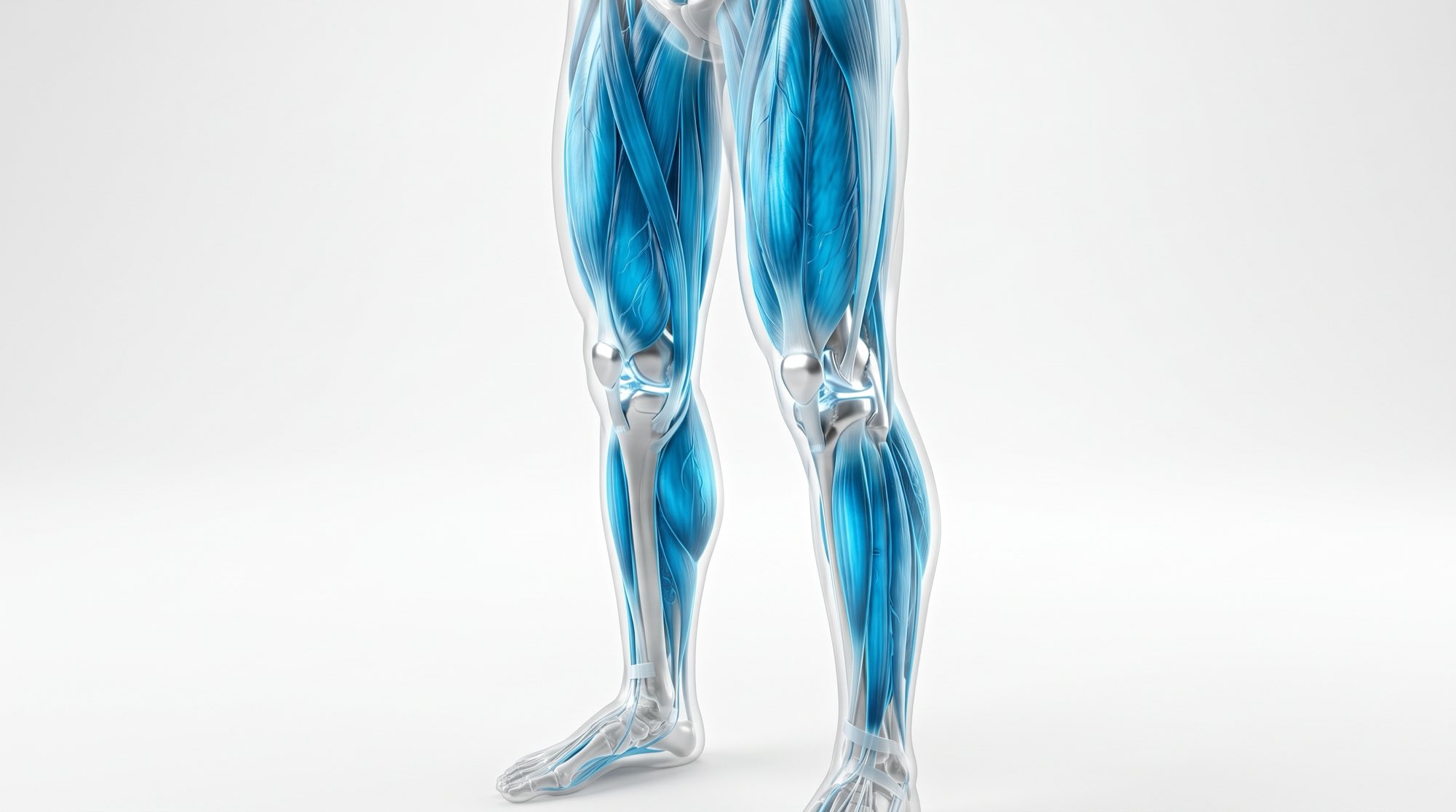 Anatomical render of both legs — the musculature picked out in cyan over a translucent white body, knee joints and foot bones showing through