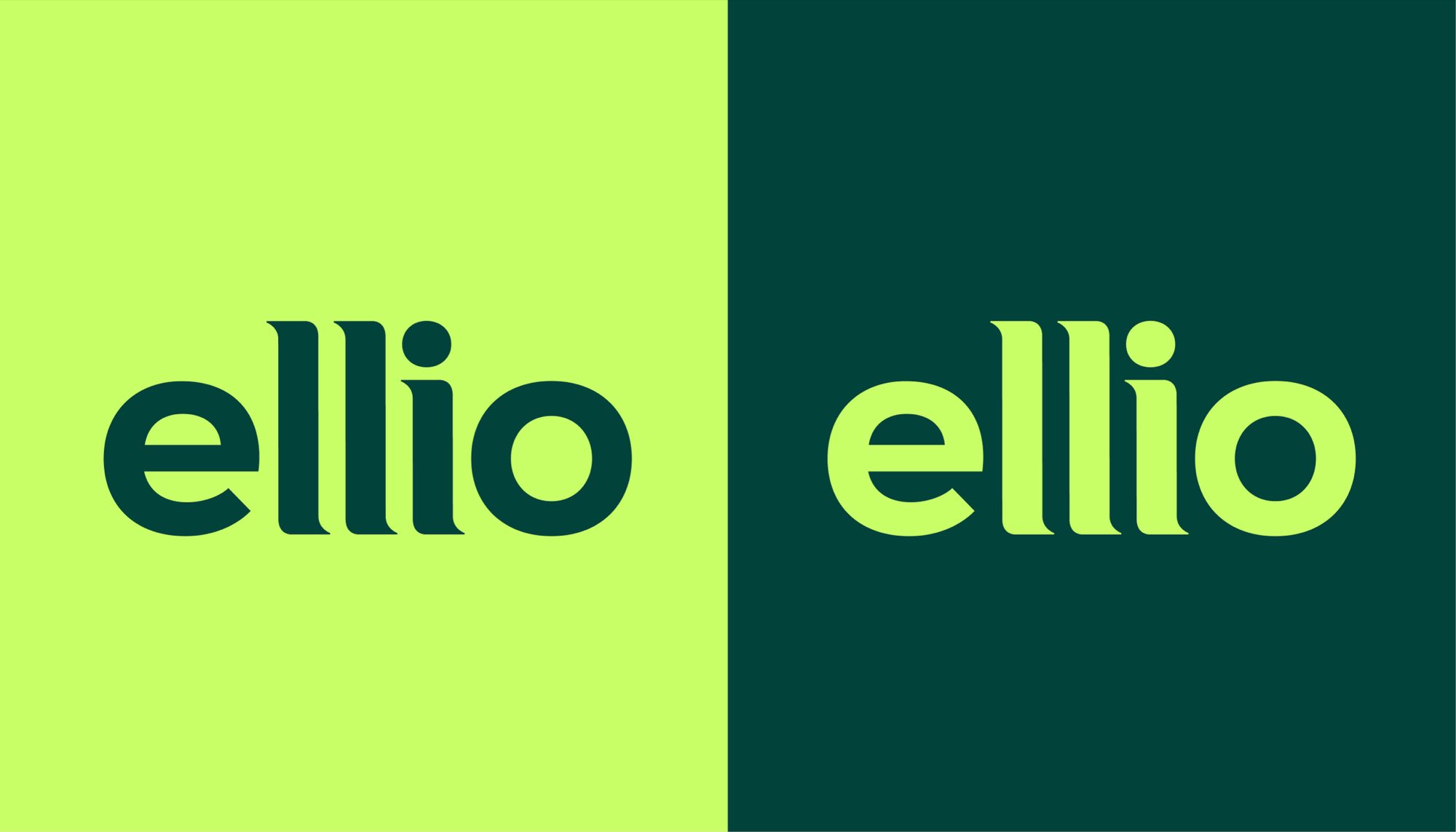 The ellio wordmark in both colourways — dark green on acid lime, and acid lime on dark green — the lowercase letters drawn with flat-sided bowls