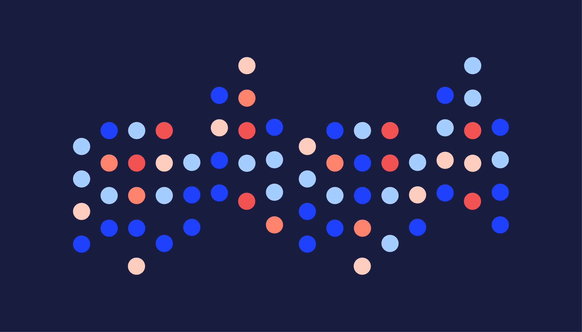 A field of dots in brand blue, pale blue, red and pink arranged in loose columns on navy, the brand's data pattern