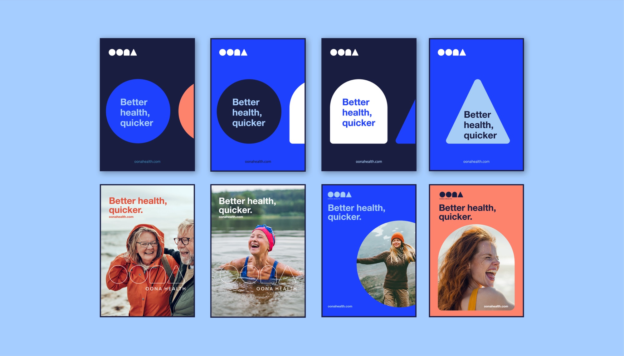 Eight posters: four typographic, with “Better health, quicker” set inside a circle, arch or triangle in blue, navy and white; and four photographic, the shape outlines overlaid on swimmers, walkers and a laughing woman