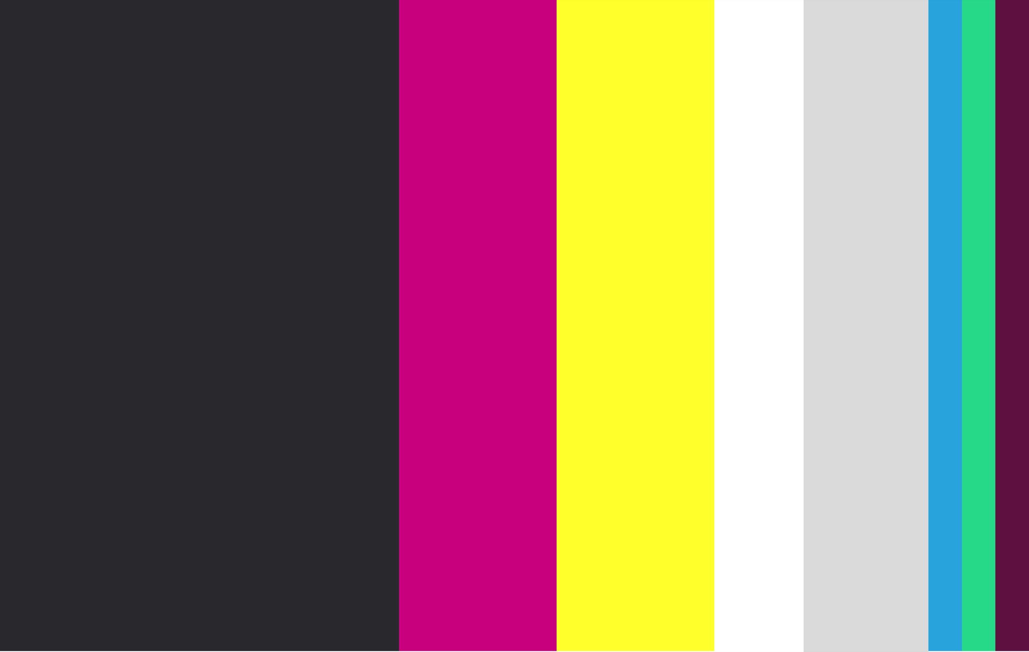 The colour palette as vertical bands — charcoal, magenta, yellow, white, grey, blue, green and deep plum