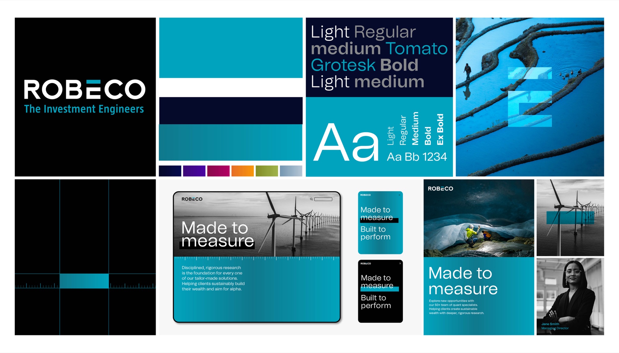 Robeco brand summary board: the ROBECO wordmark with its cyan equals-sign E and the line The Investment Engineers on black, the cyan and navy palette with a secondary spectrum of purple, magenta, orange, olive and slate, Tomato Grotesk typography shown Light through Ex Bold, the rice-terrace photograph with the translucent E device, a black measurement-rule graphic, and the website, app and poster applications carrying Made to measure and Built to perform