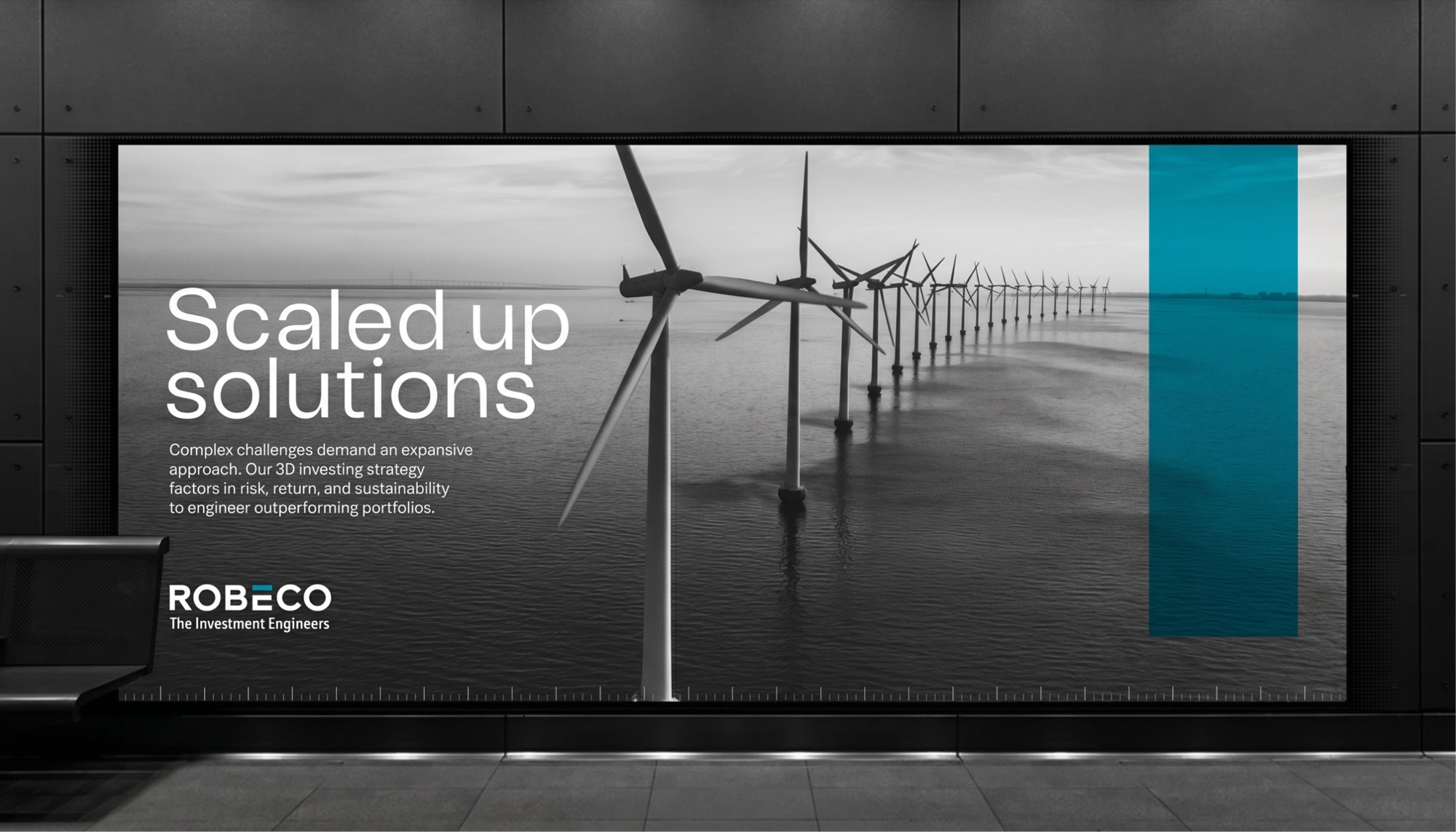 Billboard on a stone wall: Made to measure over an aerial photograph of a man walking between blue flooded rice terraces with ducks, the translucent E device centred, copy on quantifying themes from sustainable water to Fintech, and the logo to the right
