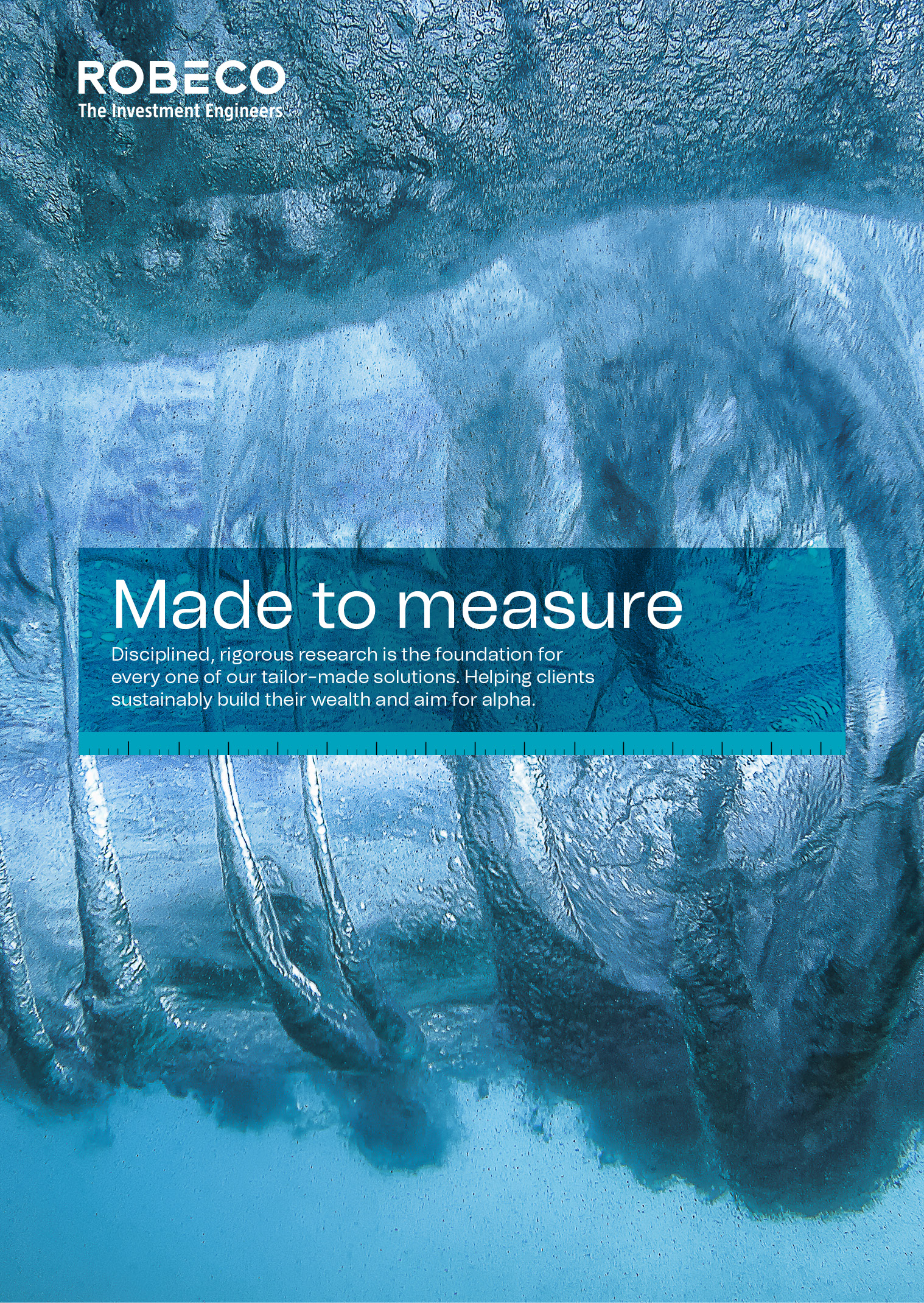Portrait poster: Made to measure in a translucent cyan band across a black-and-white colonnade of curving concrete arches, with the disciplined research copy beneath, a measurement rule along the band’s foot and the logo lower left