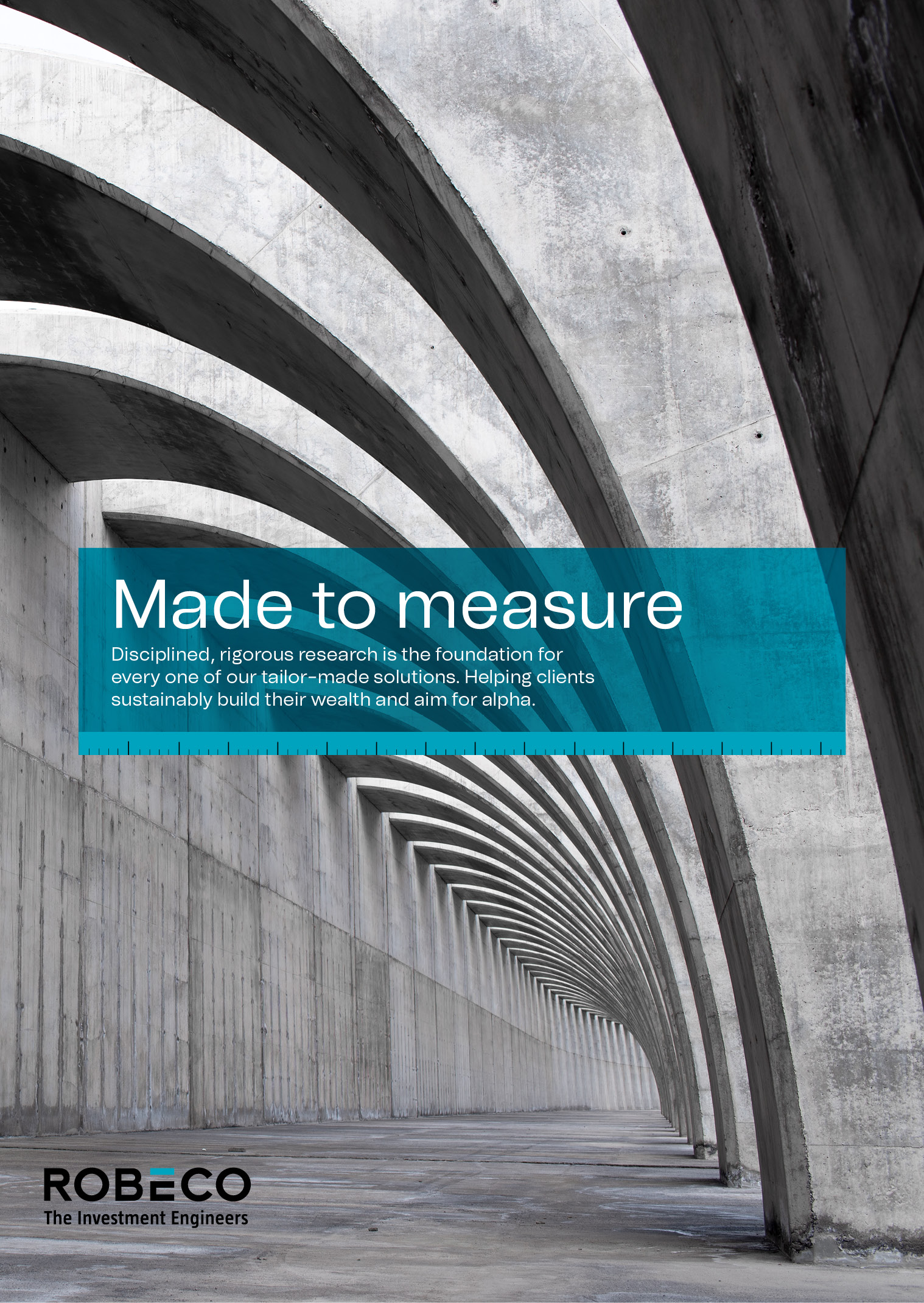 Portrait poster: Made to measure in a translucent cyan band across the riveted steel underside of a bridge in black and white, the research copy beneath and the logo reversed lower left