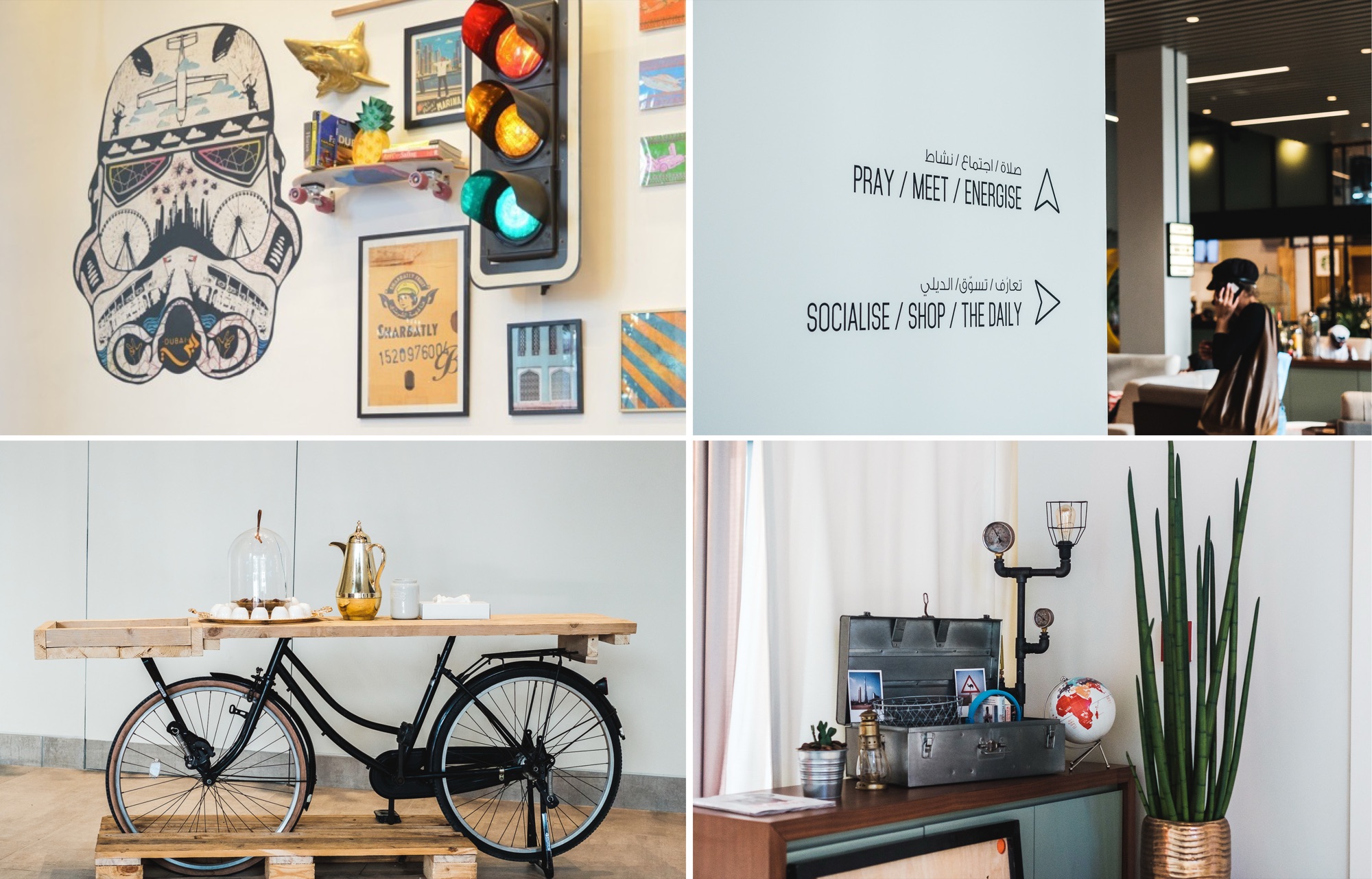 Four details: the stormtrooper mural and curated object wall, bilingual wayfinding reading Pray / Meet / Energise and Socialise / Shop / The Daily with directional arrows, a bicycle repurposed as a scaffold-board console holding a brass coffee pot, and a guest-room shelf with a metal trunk, globe, lantern and pipework lamp