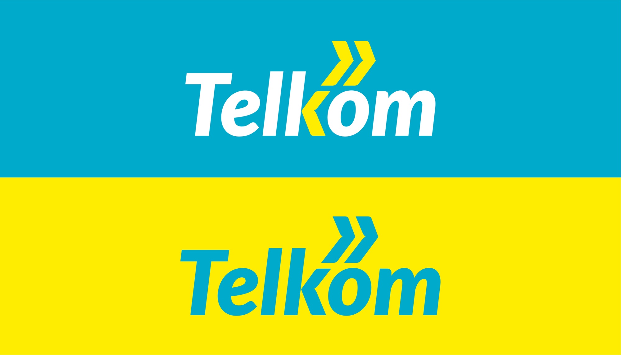 The Telkom logo in both colourways: white italic wordmark with yellow chevrons on turquoise above, and turquoise wordmark with turquoise chevrons on yellow below