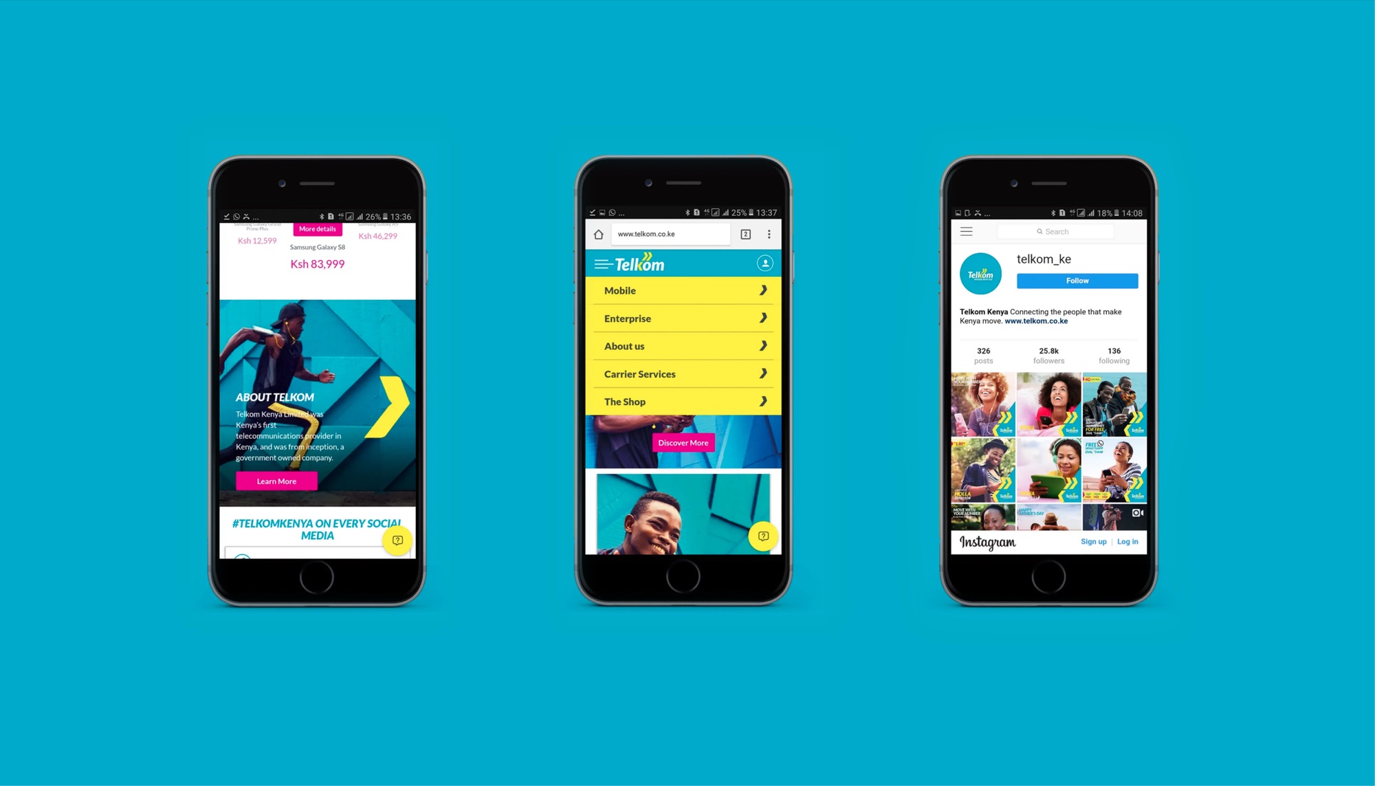 Three phones on turquoise showing the Telkom mobile site: the handset shop and About Telkom panel, the main navigation with Mobile, Enterprise, About us, Carrier Services and The Shop in yellow, and the telkom_ke Instagram profile with 25.8k followers and a grid of chevron-framed posts