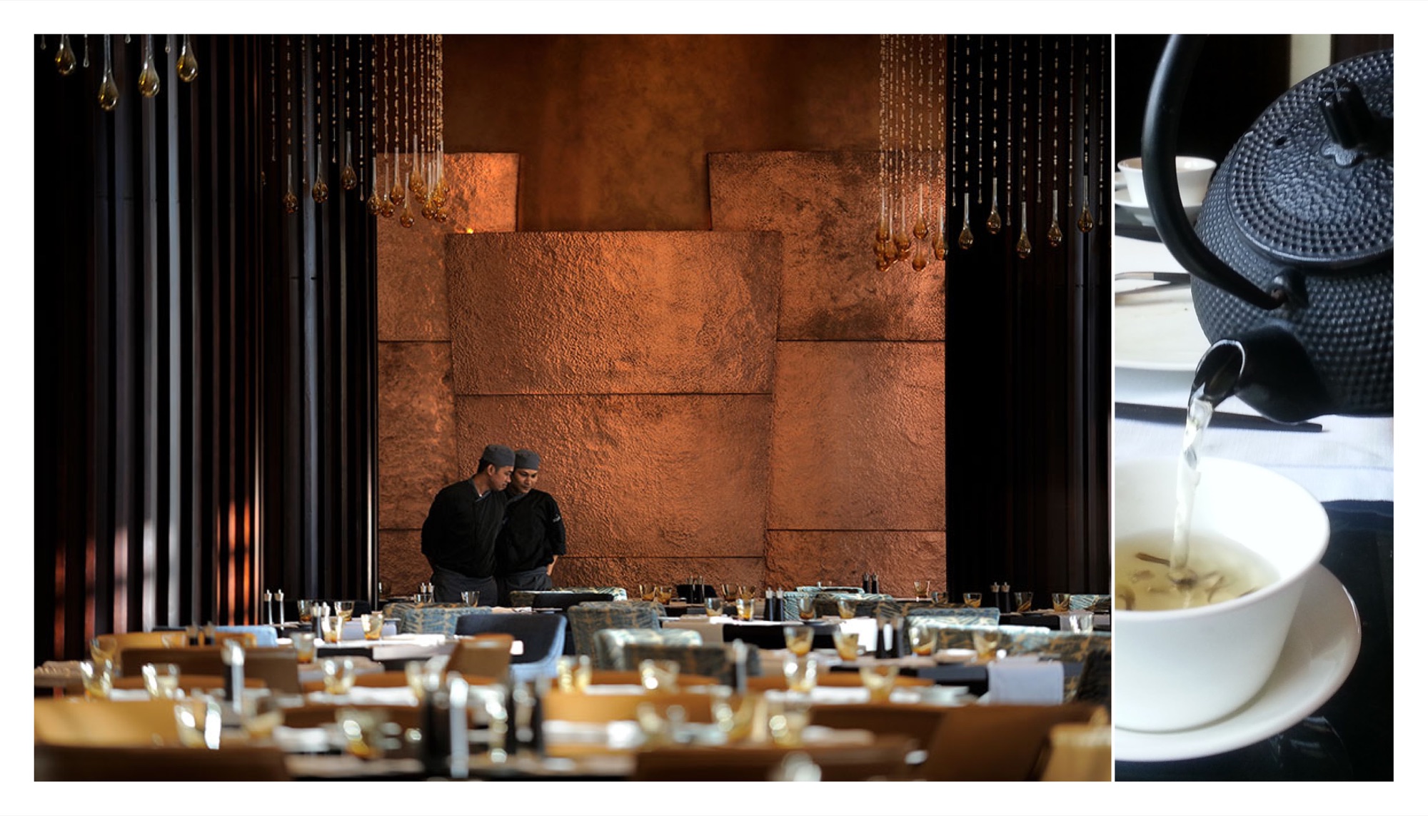 Hukama restaurant interior: a textured copper wall lit warm behind two chefs in black, amber glass droplet chandeliers hanging between dark timber screens, laid tables in the foreground, and a cast-iron teapot pouring tea into a white bowl