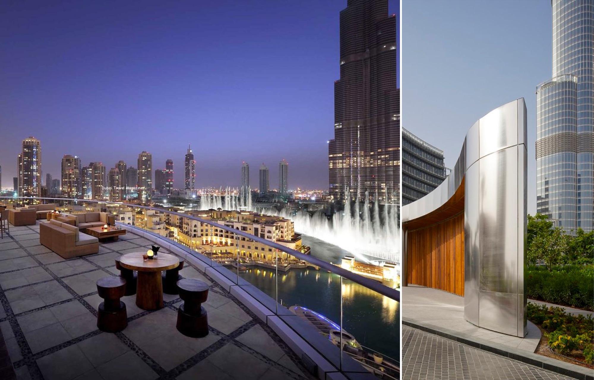 Rooftop terrace at dusk overlooking the Dubai Fountain, Souk Al Bahar and the base of the Burj Khalifa, with low sofas and carved timber stools, beside a curved brushed-steel and timber garden pavilion at the tower’s foot