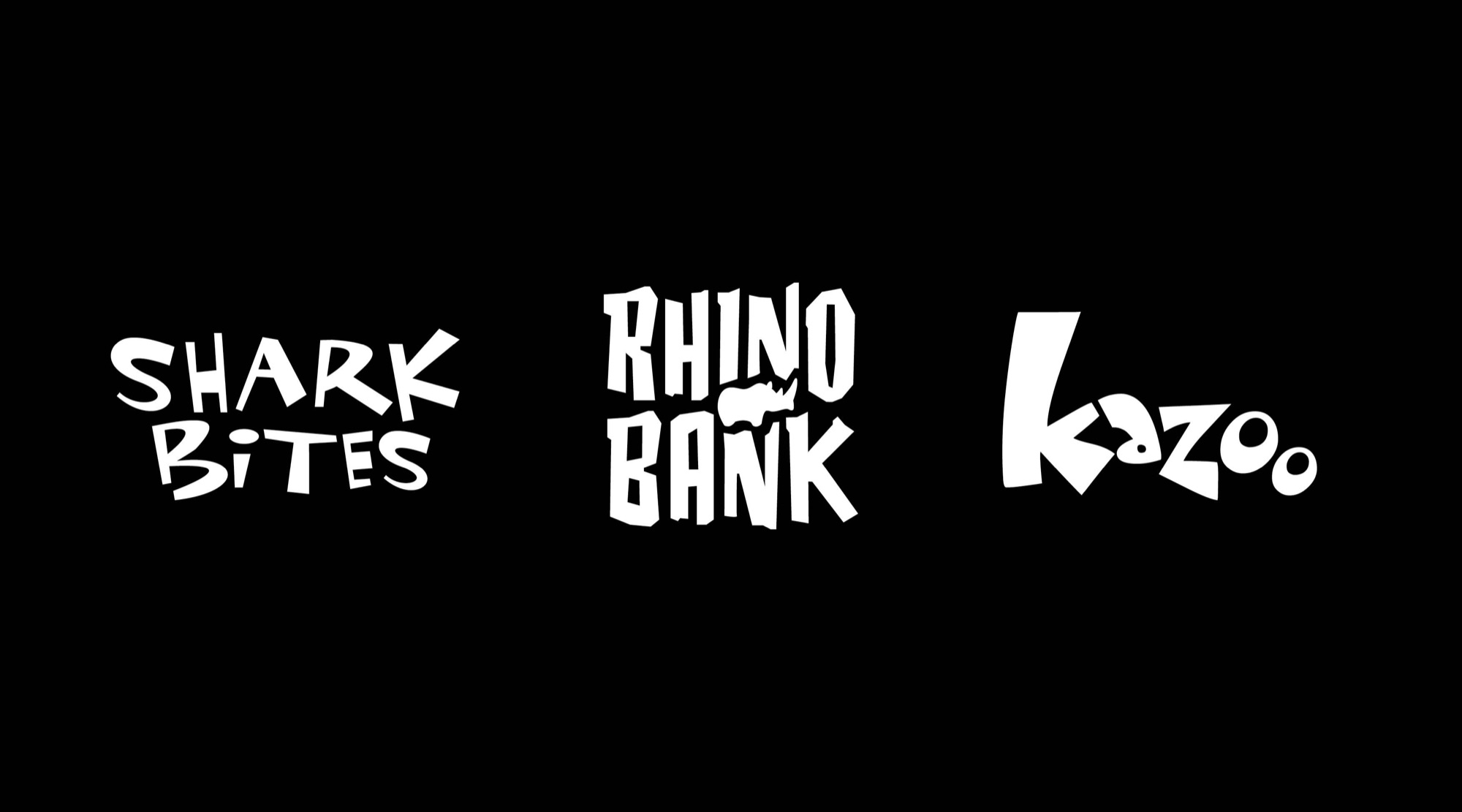 Three cut-paper display logotypes: Shark Bites, Rhino Bank with a rhino filling the O, and Kazoo with a swollen K