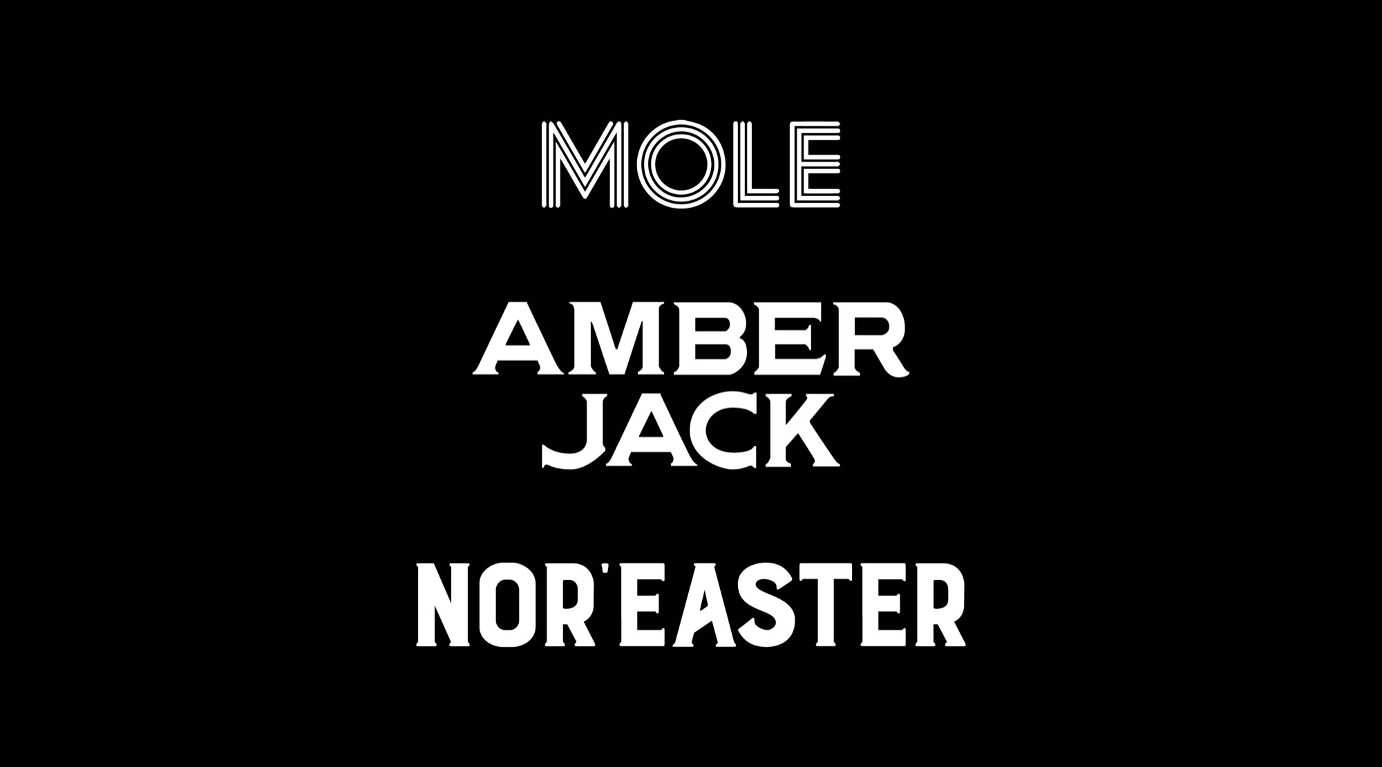 Three display logotypes: MOLE drawn in concentric inline strokes, a slab-serif AMBER JACK, and a condensed NOR’EASTER