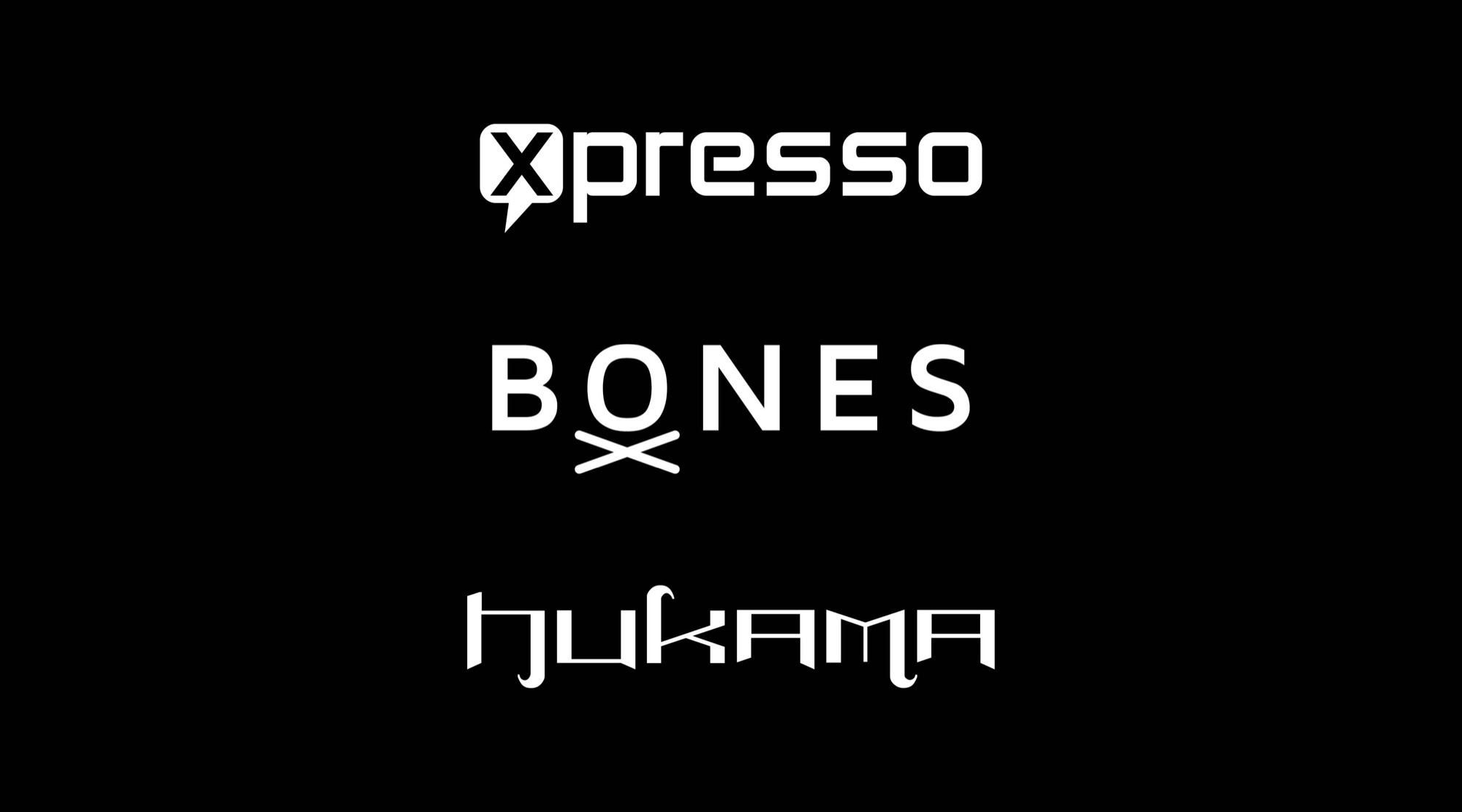 Three technical display marks: Xpresso with a speech-bubble X, BONES with crossed bones under the O, and an angular hukama