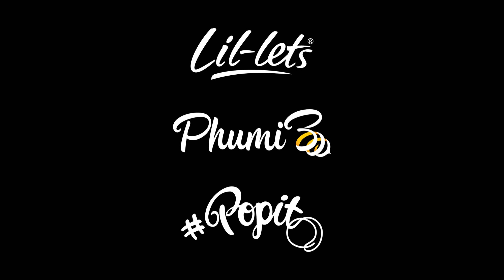 Three brush logotypes: Lil-lets with an underline swash, PhumiB with a yellow bee forming the B, and #Popit with an outlined dot