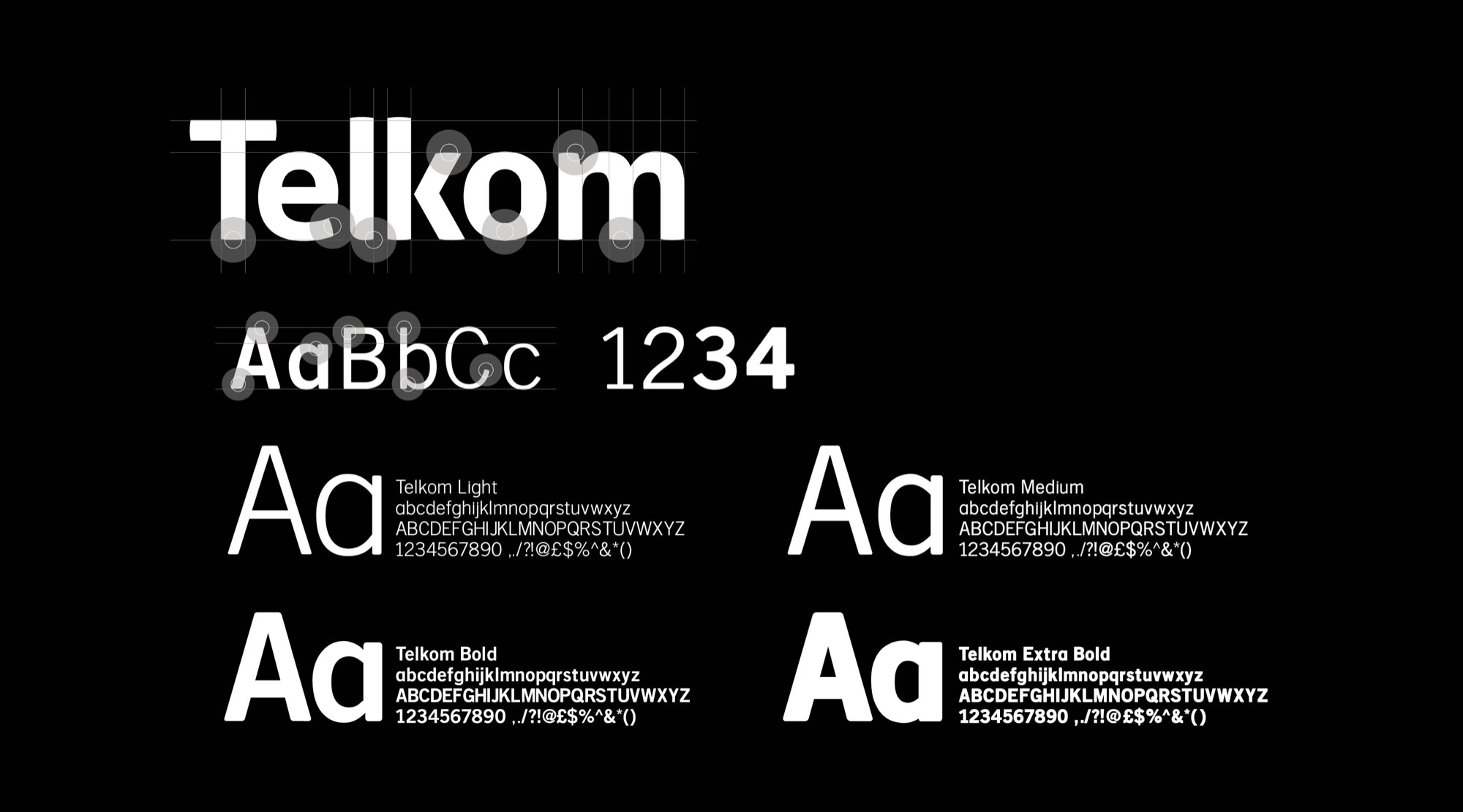 The Telkom typeface: the wordmark over its construction grid of circles and guides, an Aa Bb Cc 1234 showing, and four weights — Light, Medium, Bold and Extra Bold — each with its full character set