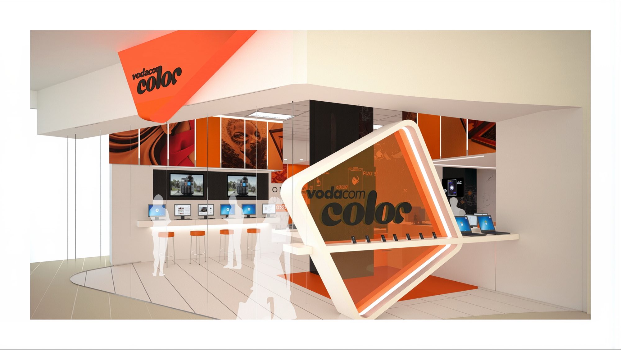 Vodacom Color store concept in orange and white, an angled illuminated frame carrying the logotype above a handset bar, with printed panels overhead