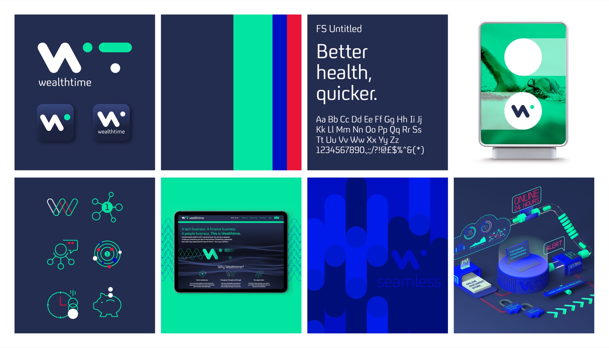 Wealthtime brand summary board: the w mark with its green dot, app icons, the navy, green, blue and red palette, an FS Untitled type specimen reading “Better health, quicker.”, a swimmer on a green-washed poster, line icons, the website on a tablet, a blue “seamless” panel and an isometric illustration of the platform