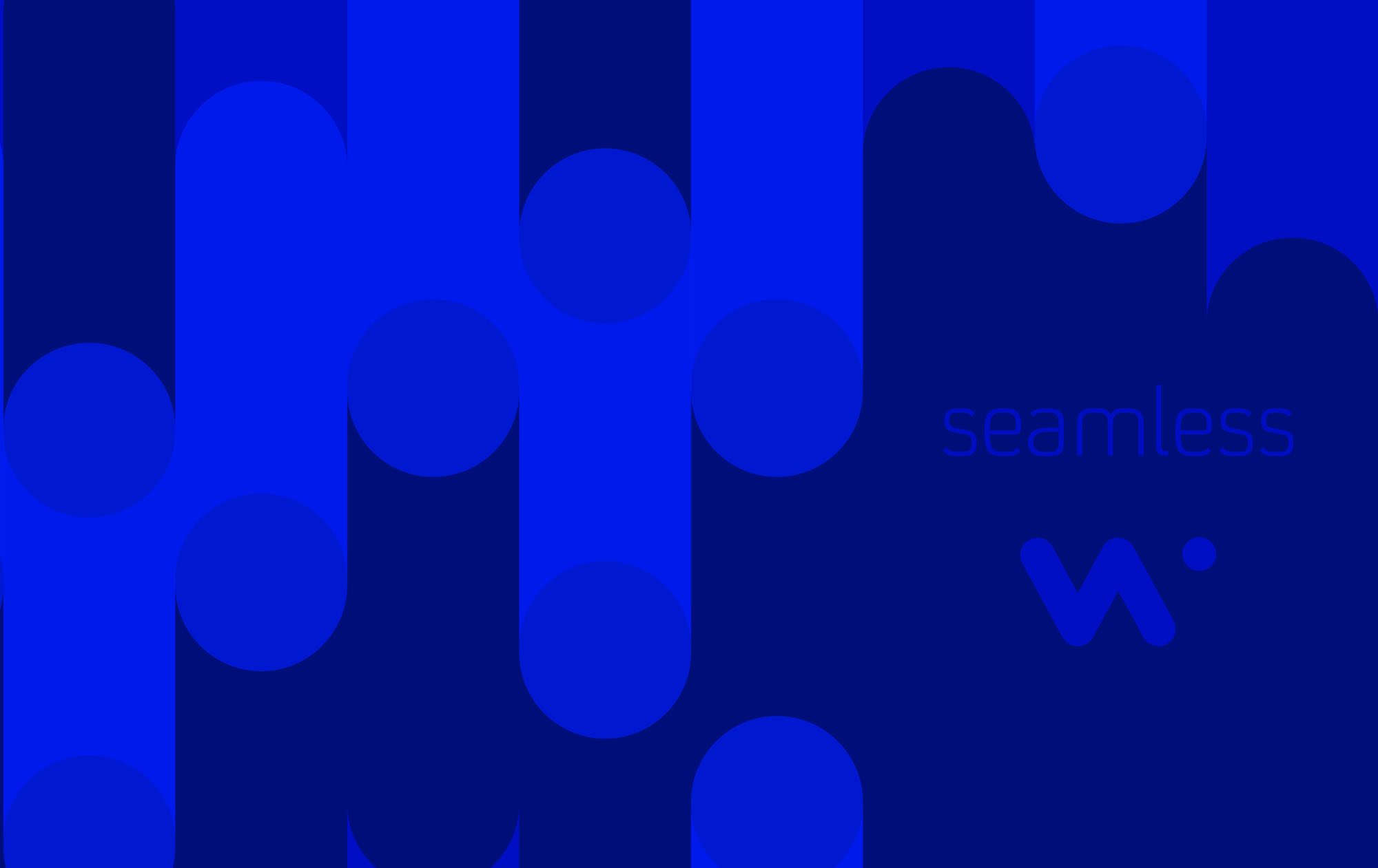 The brand pattern: interlocking rounded columns and circles in two blues, with “seamless” and the w mark set quietly into the right-hand side