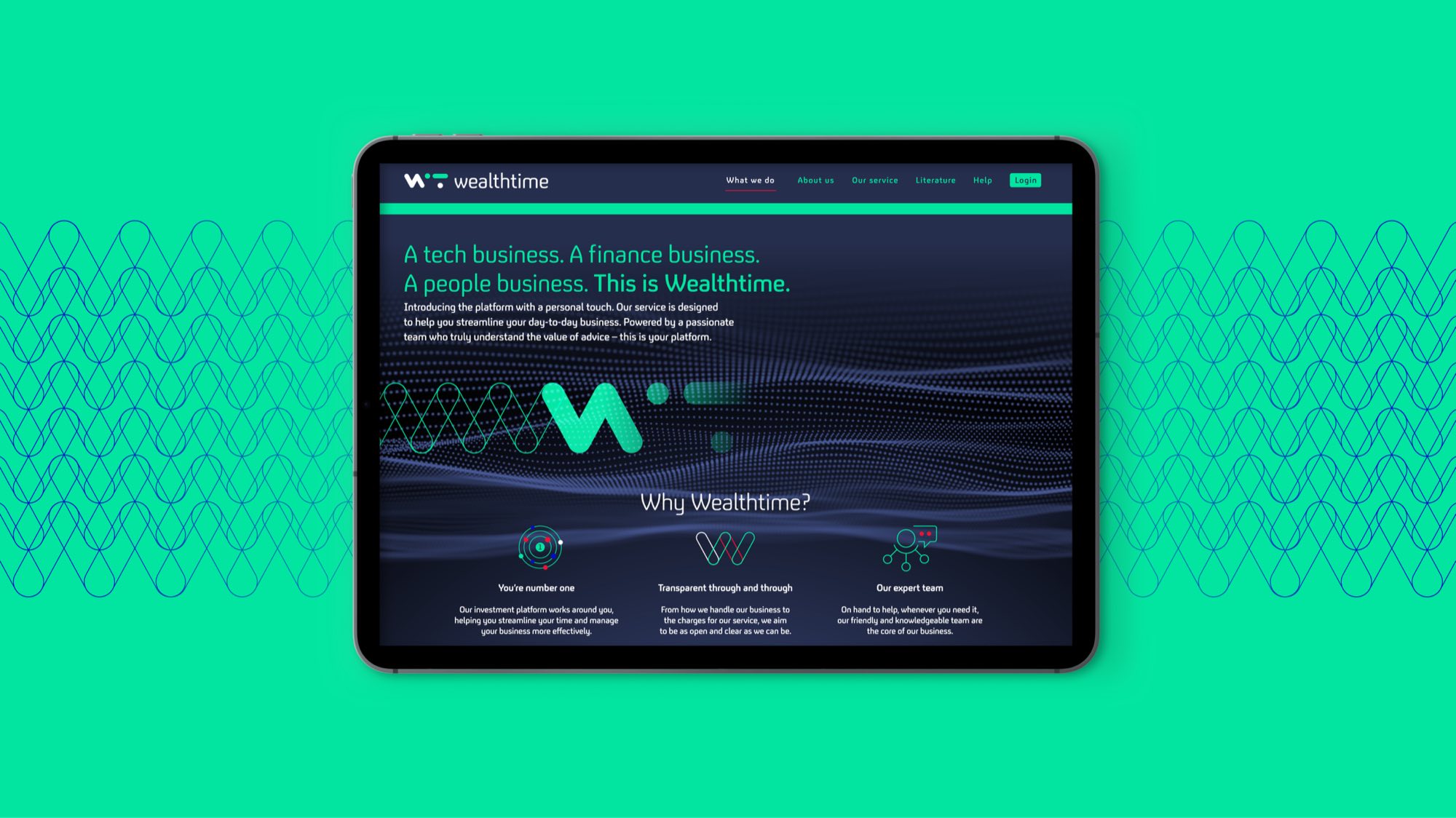 The Wealthtime site on a tablet against mint green, the hero reading “A tech business. A finance business. A people business.” over a particle wave, with the Why Wealthtime icons below